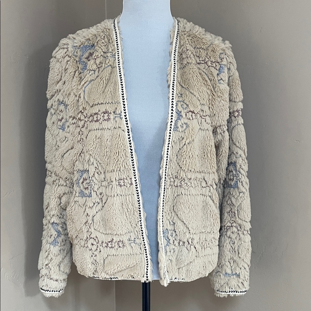 Boundless North Faux Fur Embroidered Open Front Jacket, Tan, Medium